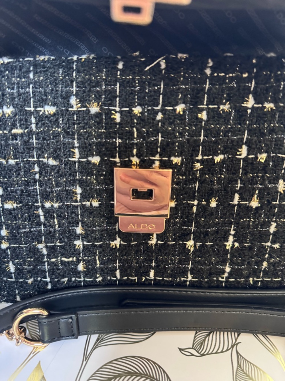 ALDO Black Tweed Top-Handle Bag with Gold Chain Accent - Picture 6 of 11